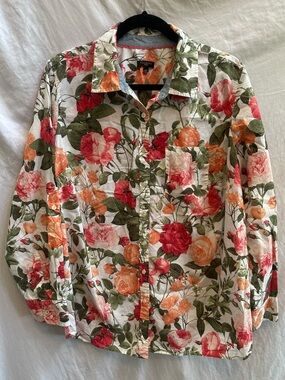 Talbots Woman Floral Blouse in White, Orange, Green